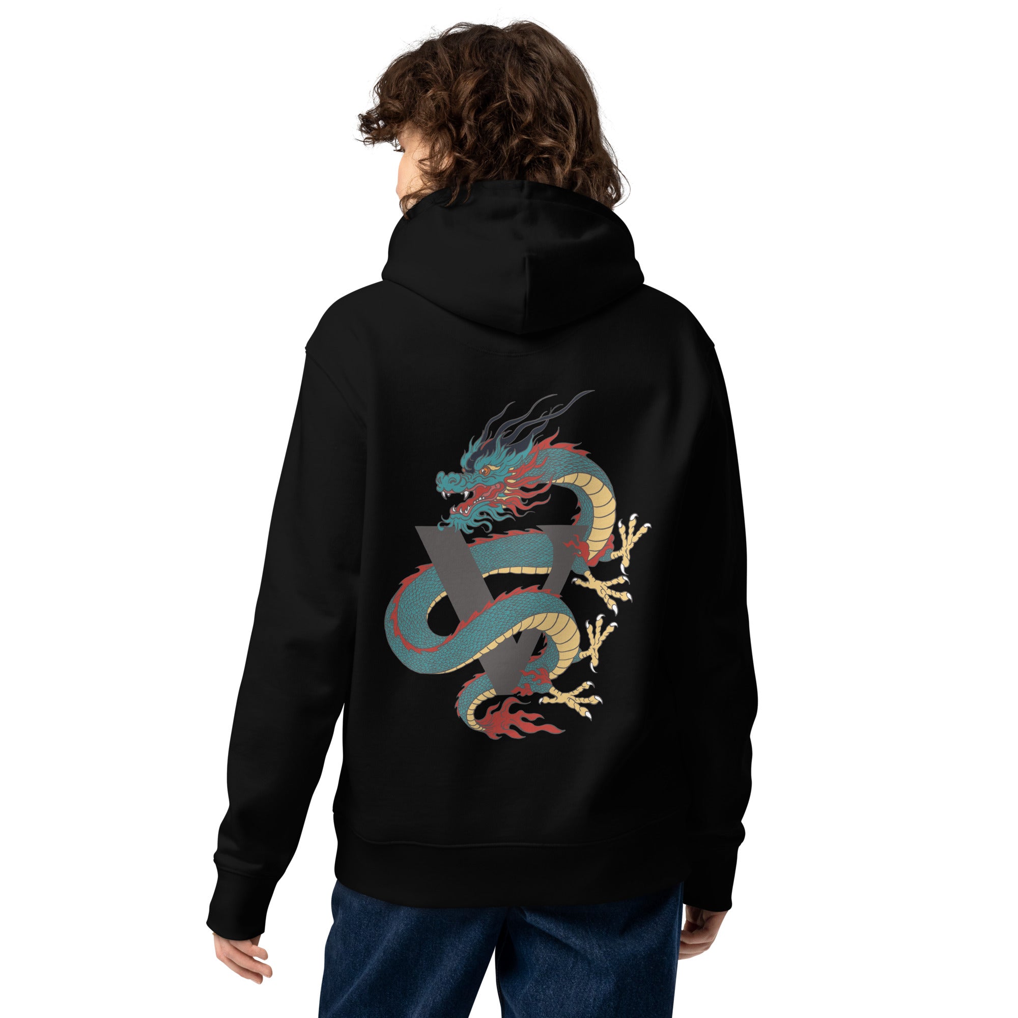 Sweat à capuche noir épais avec poche, kangourou, finition, premium design dragon japonais