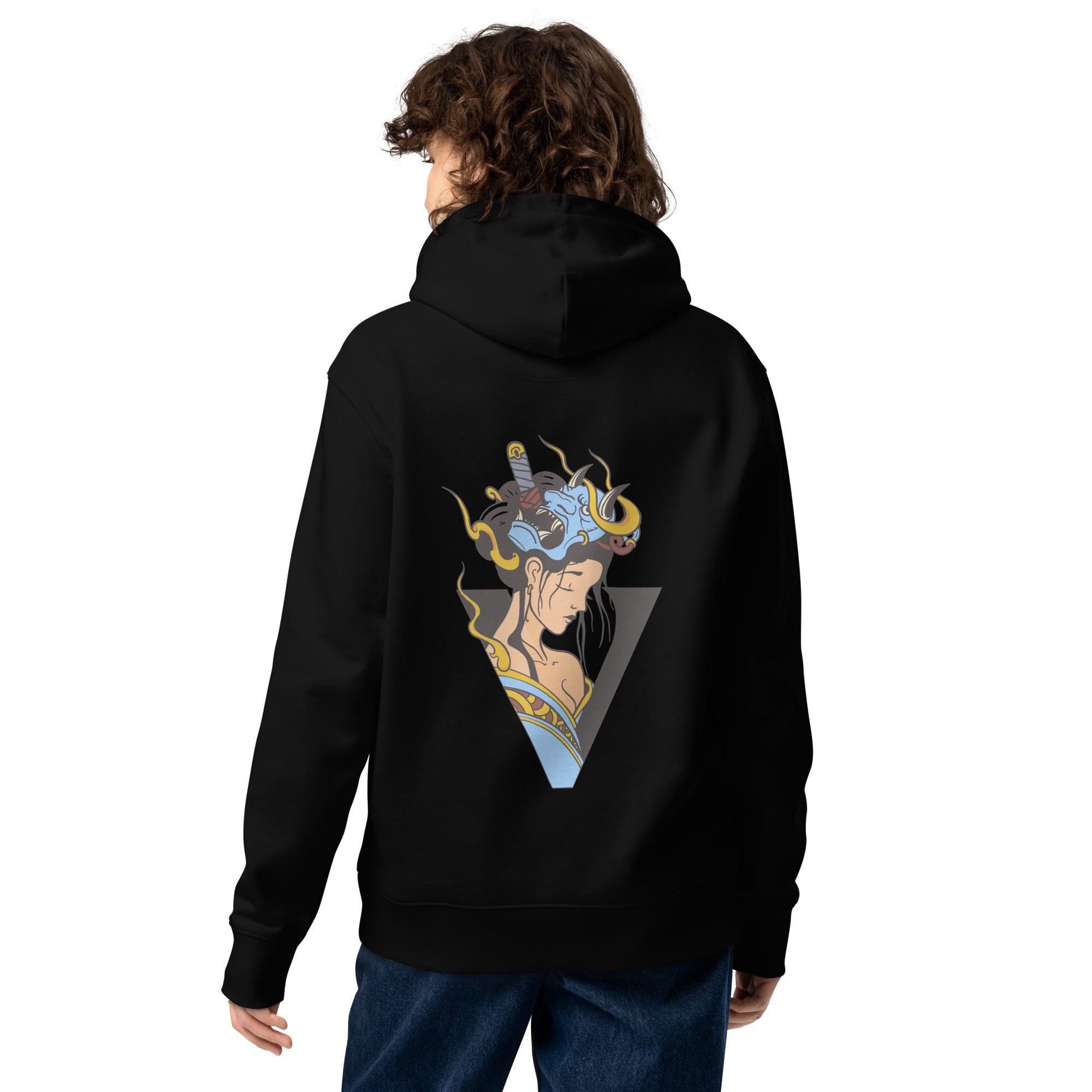 Sweat à capuche noir écologique épais avec poche kangourou finition premium design geisha japonais 