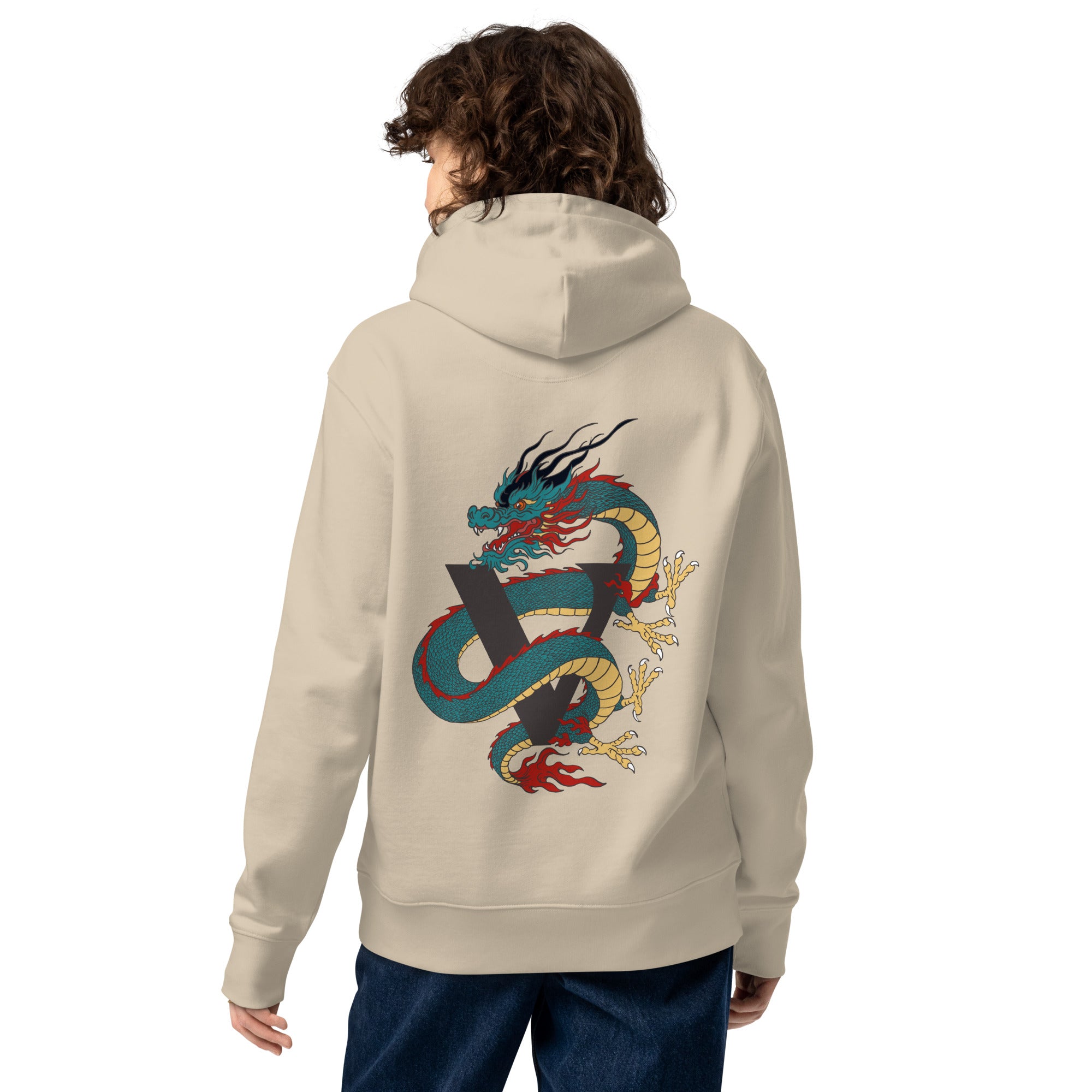 Sweat à capuche crème épais avec poche, kangourou, finition, premium design dragon japonais