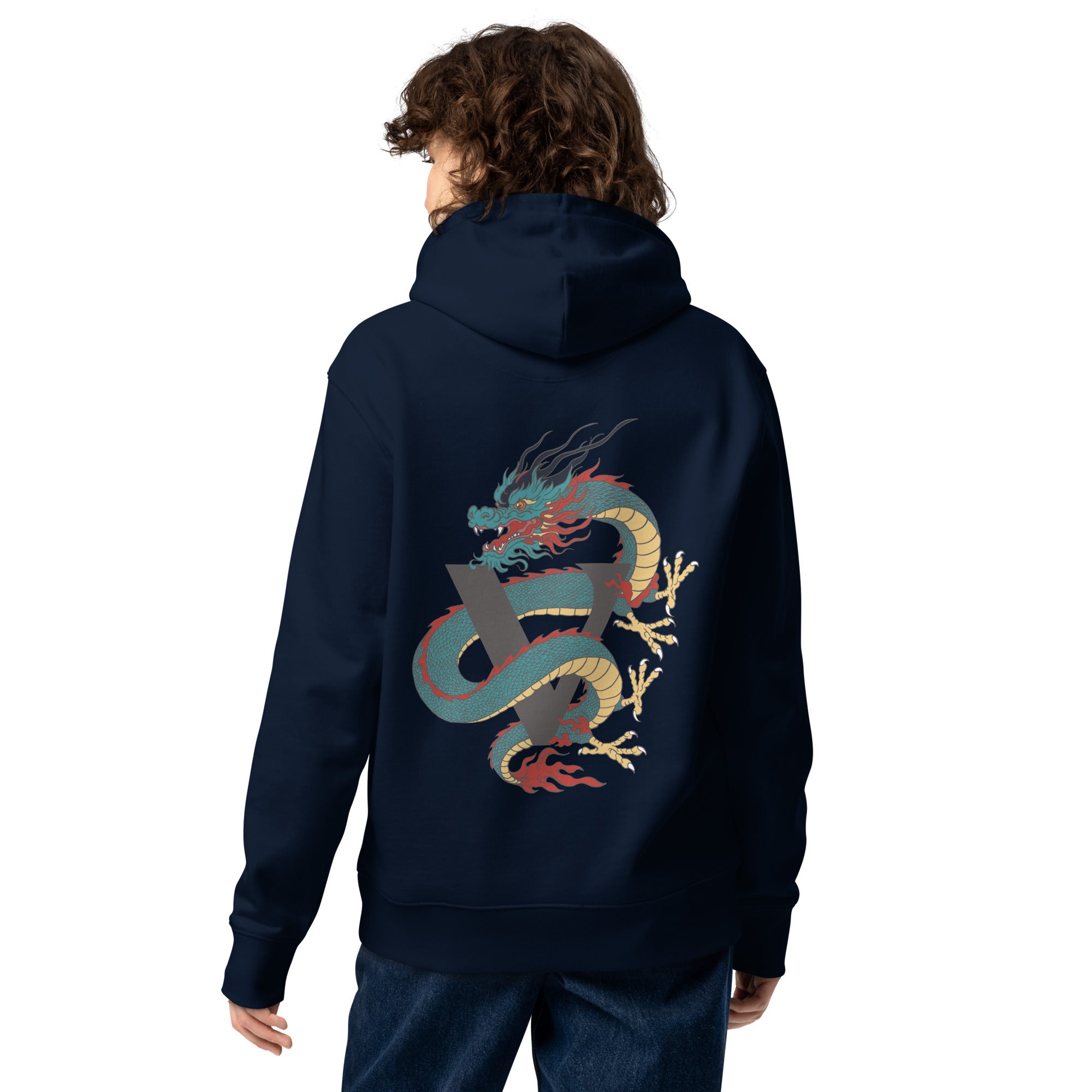 Sweat à capuche bleu marine épais avec poche, kangourou, finition, premium design dragon japonais