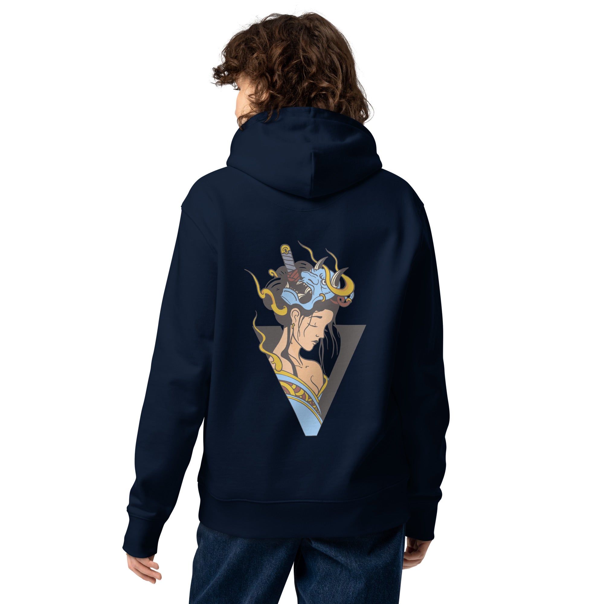 Sweat à capuche bleu foncé écologique épais avec poche kangourou finition premium design geisha japonais 