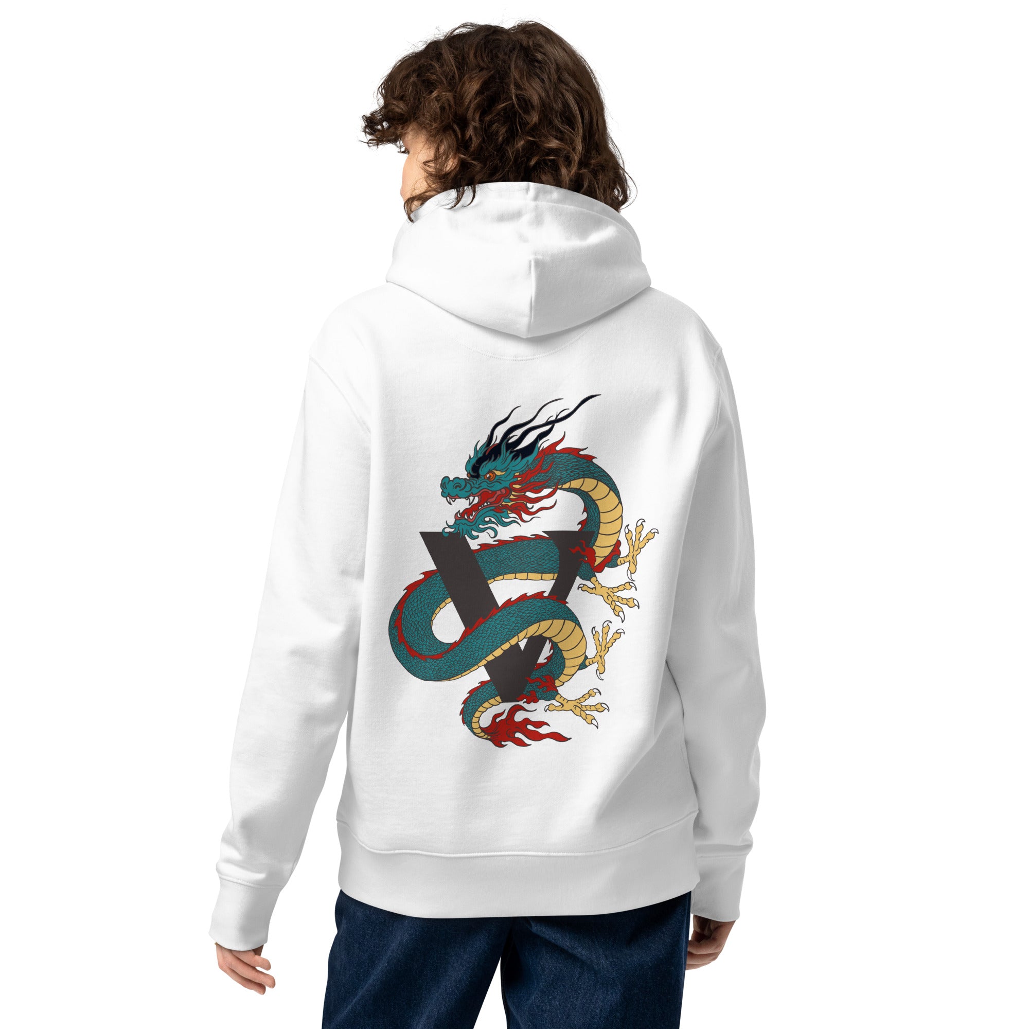 Sweat à capuche blanc épais avec poche, kangourou, finition, premium design dragon japonais
