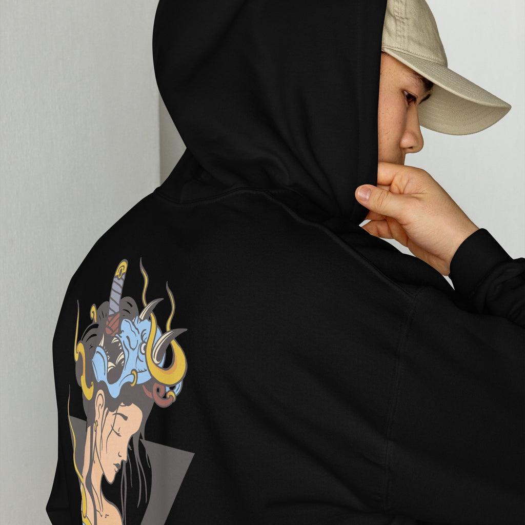 Sweat à capuche d’hiver noir avec poche kangourou design geisha japonais 
