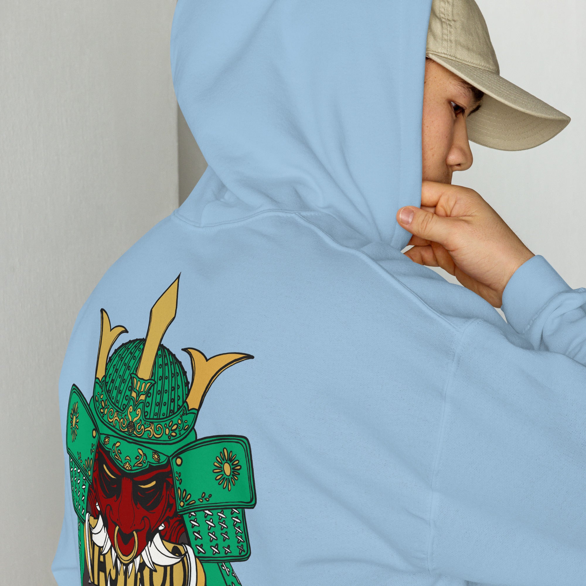 Sweat, à capuche bleu ciel d’hiver avec poche, kangourou design, oni samouraï , japonais