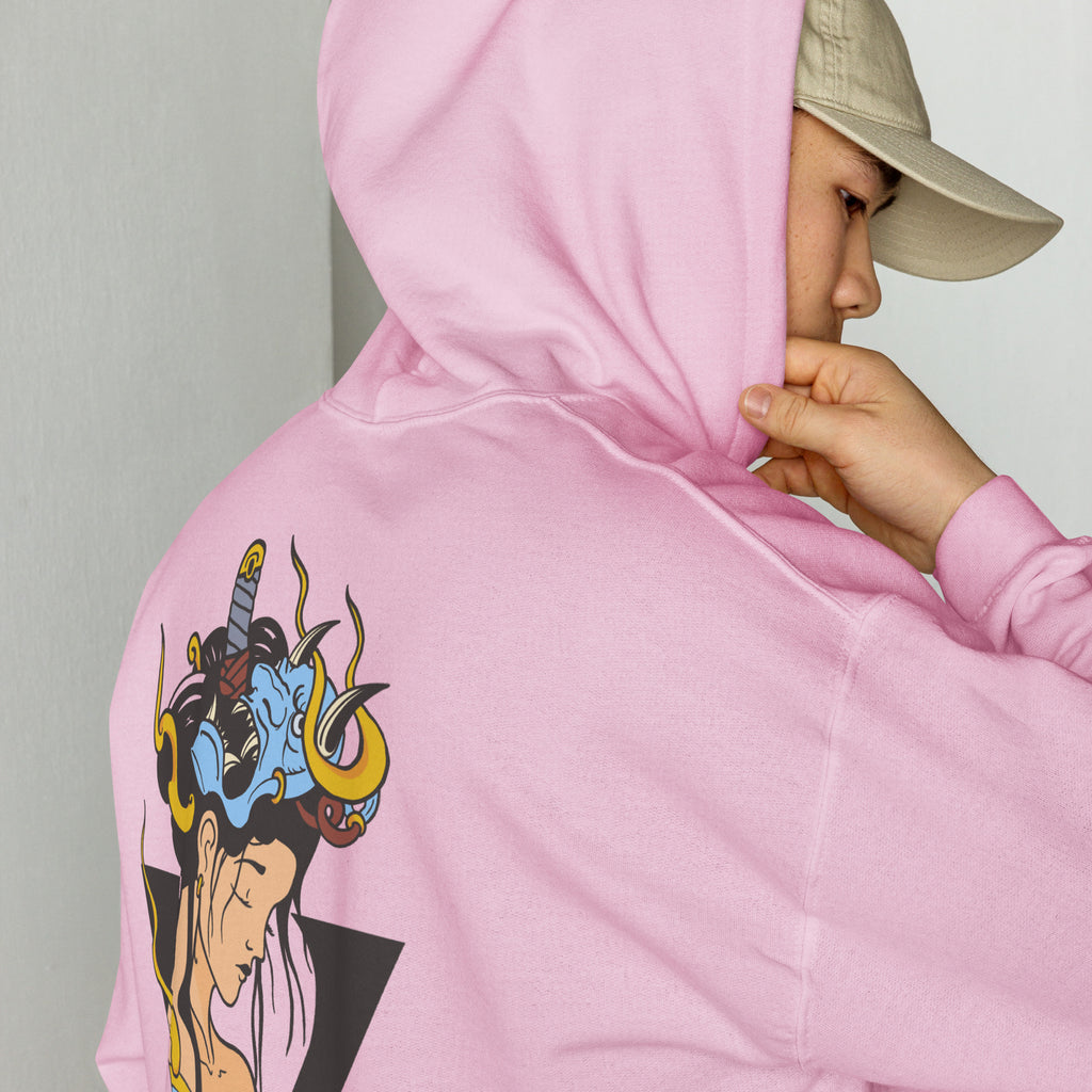 Sweat à capuche d’hiver rose avec poche kangourou design geisha japonais 