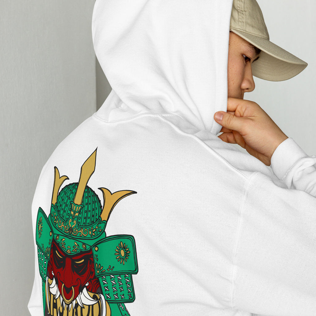 Sweat, à capuche blanc d’hiver avec poche, kangourou design, oni samouraï , japonais