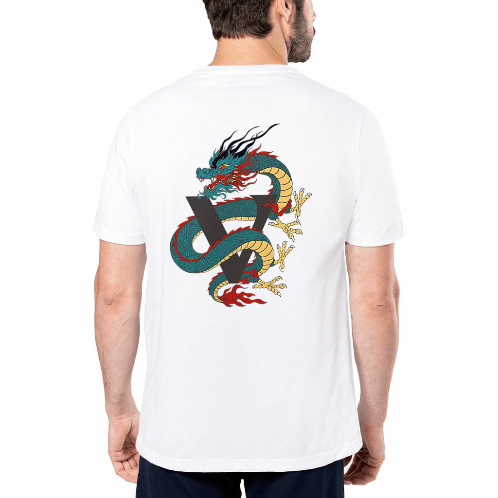 T-shirt blanc homme, made in France avec design dragon japonais